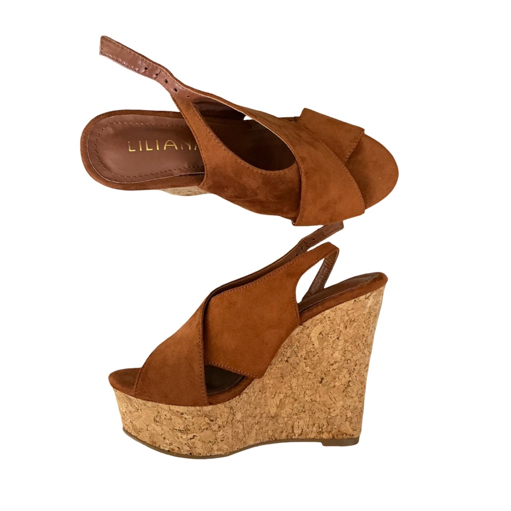 Lilliani Tan Suede Cork Wedge Sandals